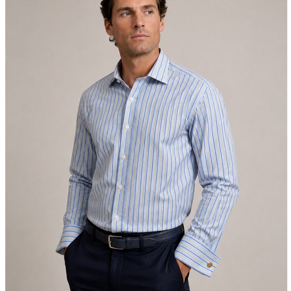 SULKA Blue Yellow Stripe French Cuff Dress Shirt Mens 16 1/2 35